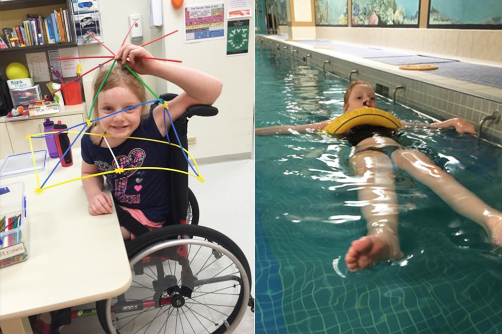 Young girl in a wheelchair and during rehabilitation in a pool.