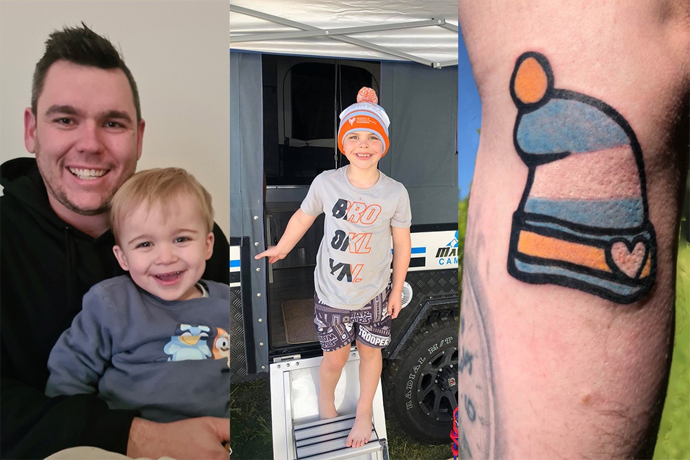 Matt Martin with his sons, Hudson (left) and Bailey (middle) and Matt’s Challenge 21 tattoo! 