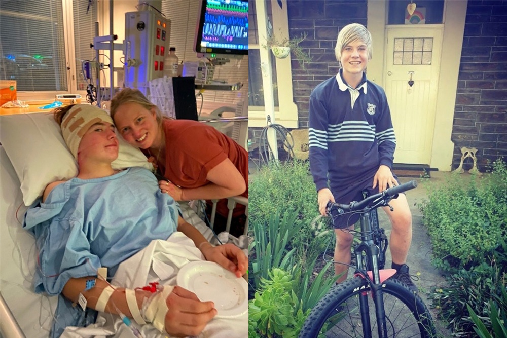 Oskar post-surgery with his mum and Oskar with his favourite hobby, his mountain bike. 