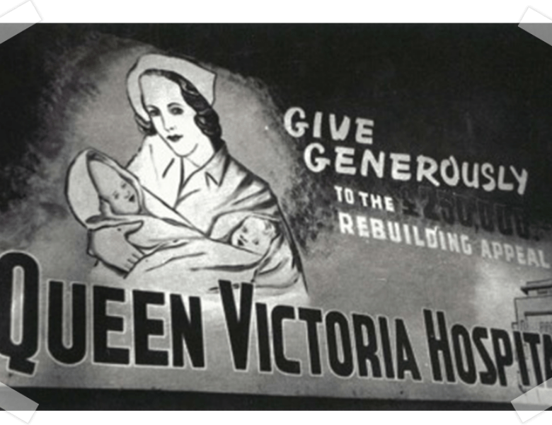 Billboard photographed in 1989, advertising the rebuilding appeal for the Queen Victoria Hospital amalgamation