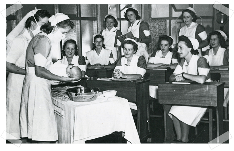 The First PTS taking part in a baby bath demonstration in 1947. WCHN History and Heritage Collection.