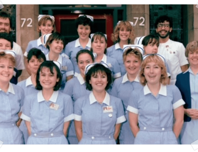 Nurse group 384 pictured on the Hospital steps in 1987. Supplied by Beth Freeman-Gray.