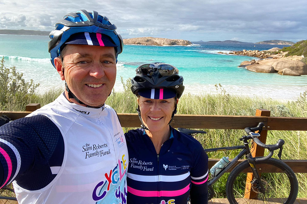 Marty and Michelle Roberts in Challenge 21 cycling gear