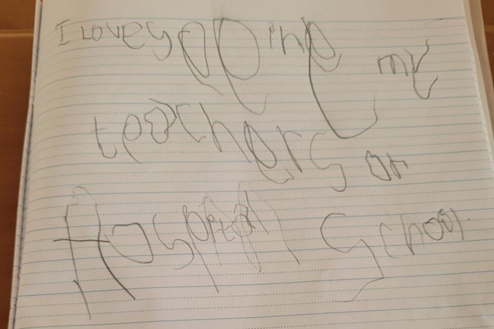 Archer practising his literacy with a lovely note to Hospital School SA (reads: I love seeing my teachers at Hospital School). 