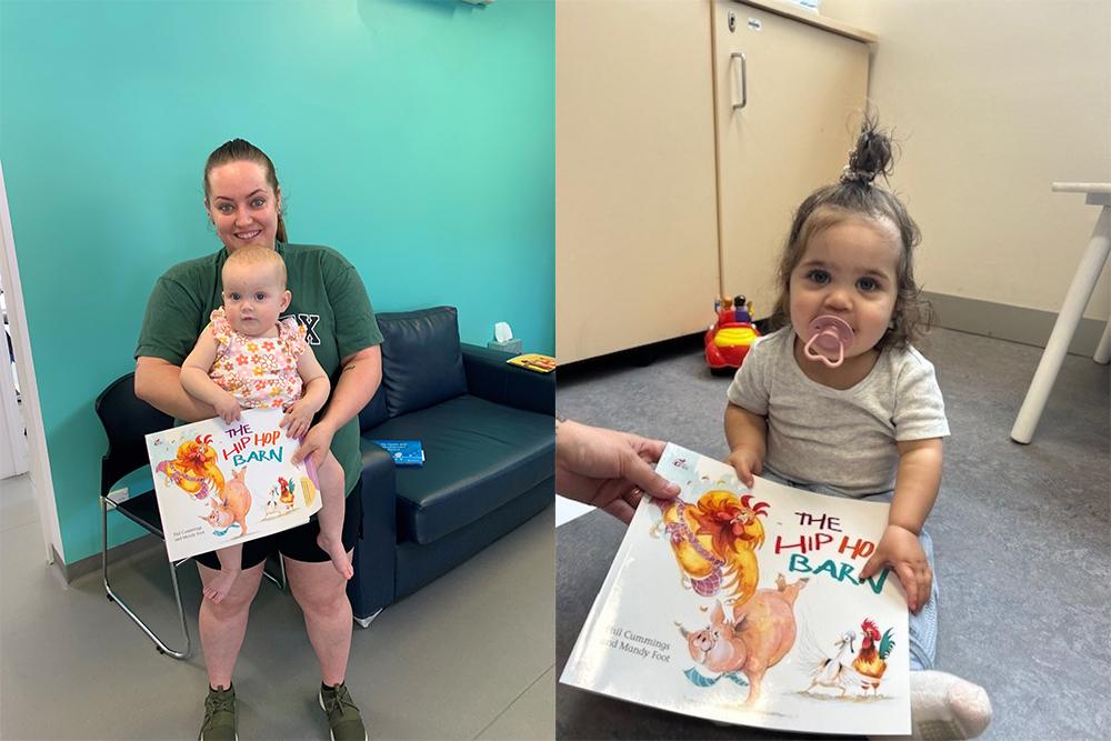 L: Mum, Chelsea with daughter, Daisy at her 12-month health and development check and R: Olive at her 12-month health and development check. 