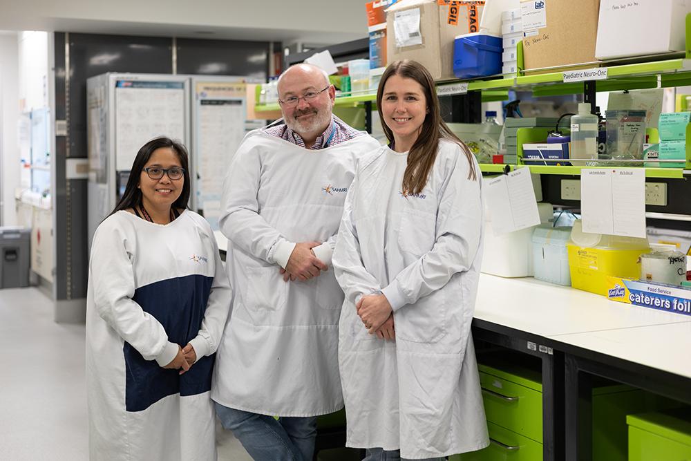 Noralyn Manucat-Tan, Professor Jordan Hansford and Amanda Luck in the SAHMRI labs. 