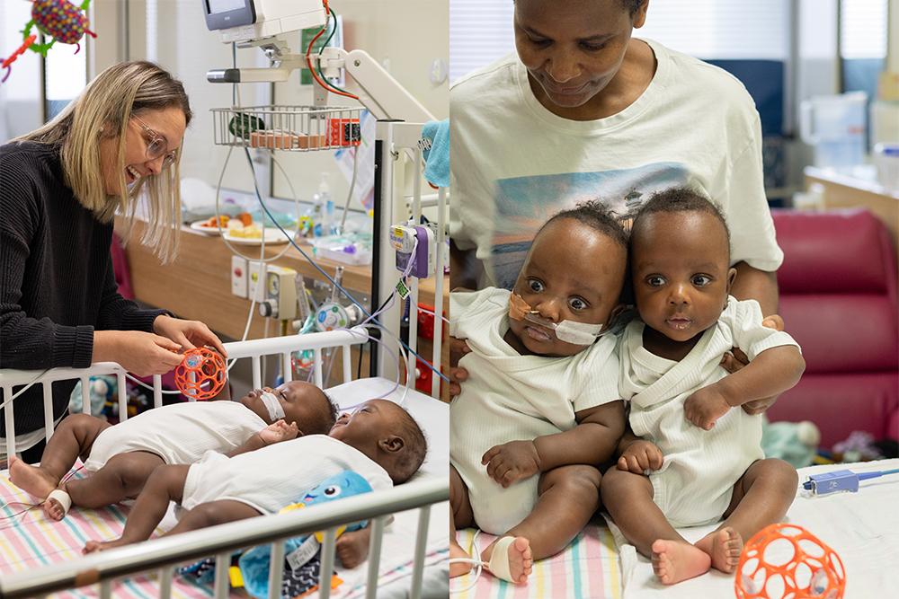 Patient, Aaron, and his twin brother, Moses, using the toys from the bundle with Occupational Therapist, Ashleigh Olsen, and mum, Maurine.