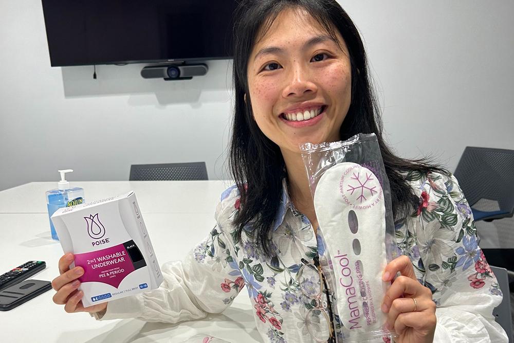 Shirley Qianyin Chen, WCHN Midwifery Educator, with some products from the care bundles. 