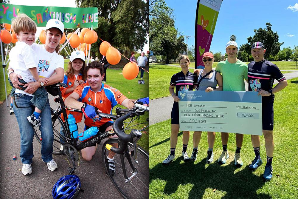 The Roberts family at the first Cycle 4 Sam fundraiser in 2006, and then at their most recent nearly 20 years later.  